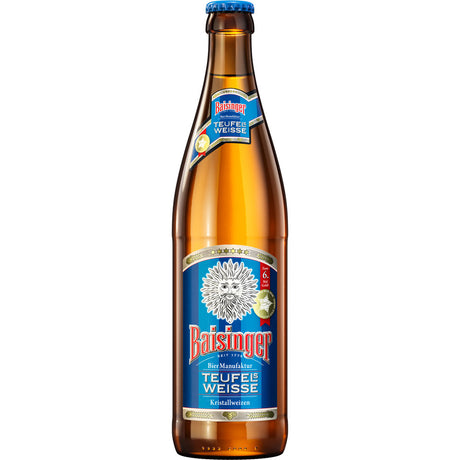 Eine Braunglasflasche Baisinger Teufels Weiße Kristall 0,5L (Mehrweg), mit blauem und rotem Etikett.