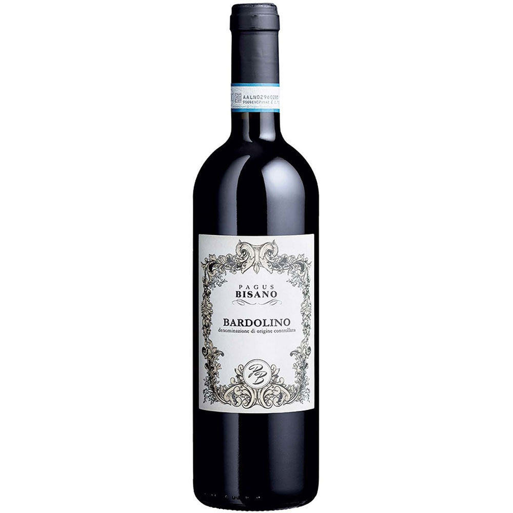 Eine Flasche Pagus Bisano Bardolino DOC 2024, ein italienischer Rotwein von Pagus Bisano, mit einem stilvollen Etikett in Creme und Gold.