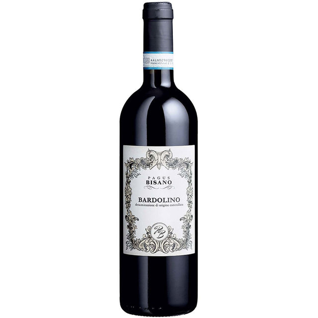 Eine Flasche Pagus Bisano Bardolino DOC 2024, ein italienischer Rotwein von Pagus Bisano, mit einem stilvollen Etikett in Creme und Gold.