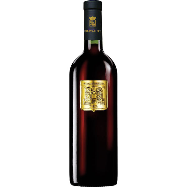 Eine dunkle Weinflasche mit goldenem Etikett und schwarz-goldenem Verschluss, die die Aufschrift Barón de Ley Gran Reserva Viña Imas 2019 trägt und überwiegend aus Tempranillo-Trauben hergestellt wird.