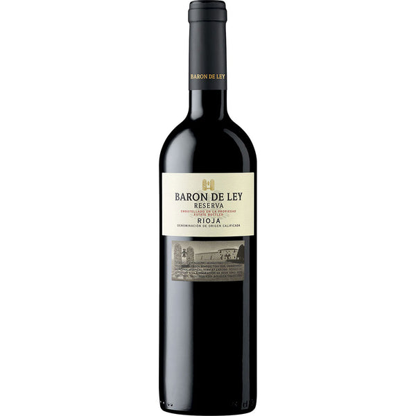 Eine Flasche Barón de Ley Rioja Reserva 2021 aus Spanien mit einem cremefarbenen Etikett und schwarzem Verschluss.