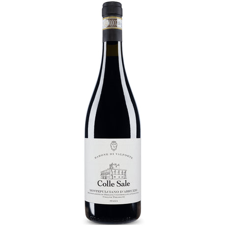 Eine Flasche Barone di Valforte Colle Sale Montepulciano d’Abruzzo DOCG 2025 Rotwein von Barone di Valforte mit weißem Etikett und schwarzem Verschluss.