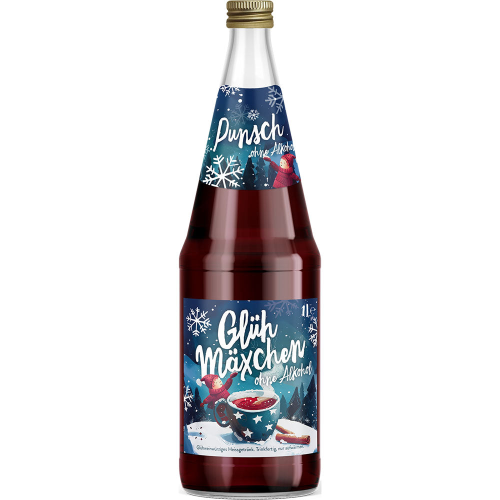 Eine Flasche Bayla Glühmäxchen Punsch alkoholfrei 1L mit blauem Winteretikett und Schneeflocken - ein leckeres Wintergetränk für gemütliche Nächte. Auch als MEHRWEG im 6x1L-Pack von Bayla erhältlich.