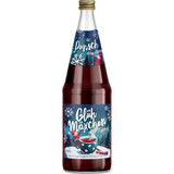 Eine Flasche Bayla Glühmäxchen Punsch alkoholfrei 1L mit blauem Winteretikett und Schneeflocken - ein leckeres Wintergetränk für gemütliche Nächte. Auch als MEHRWEG im 6x1L-Pack von Bayla erhältlich.