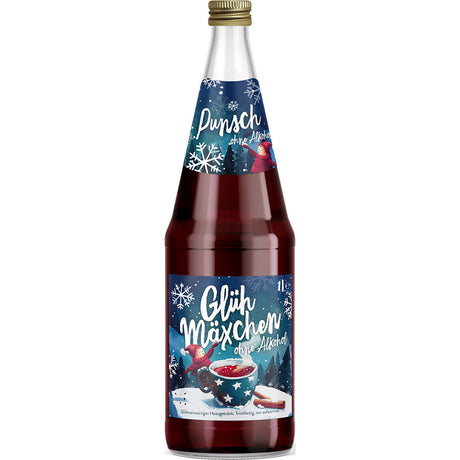 Eine Flasche Bayla Glühmäxchen Punsch alkoholfrei 1L mit blauem Winteretikett und Schneeflocken - ein leckeres Wintergetränk für gemütliche Nächte. Auch als MEHRWEG im 6x1L-Pack von Bayla erhältlich.