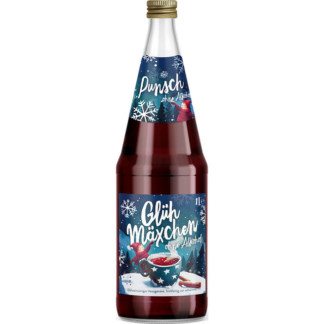 Eine Flasche Bayla Glühmäxchen Punsch alkoholfrei 1L mit blauem Winteretikett und Schneeflocken - ein leckeres Wintergetränk für gemütliche Nächte. Auch als MEHRWEG im 6x1L-Pack von Bayla erhältlich.