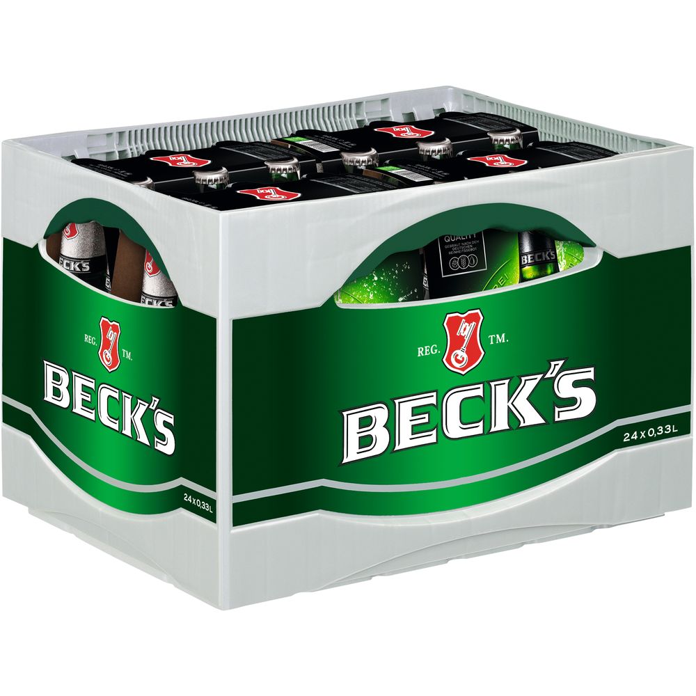 Eine Kiste mit Beck's Pils 4x6er 24x 0,33 Liter (MEHRWEG) Bierflaschen in einem grün-weißen Kasten, der die klassische Beck's-Brautradition hervorhebt.