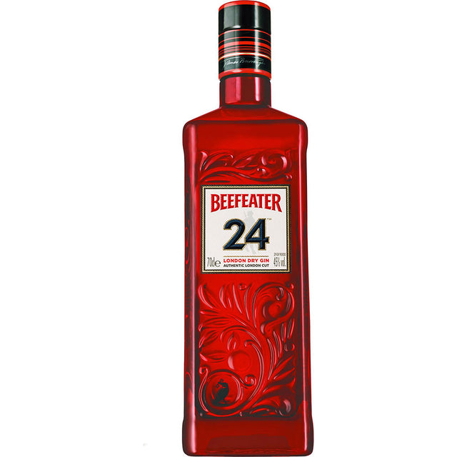 Eine 0,7-Liter-Flasche Beefeater 24 London Dry Gin (45%) von Beefeater Gin mit einem roten Design mit verschnörkelten Details und einem weißen Etikett, das seinen erstklassigen London Dry-Stil hervorhebt.