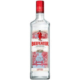 Eine klare 1-Liter-Flasche Beefeater London Dry Gin 40% mit rotem Verschluss und detailliertem Etikett spiegelt das Erbe von Beefeater Gin wider.