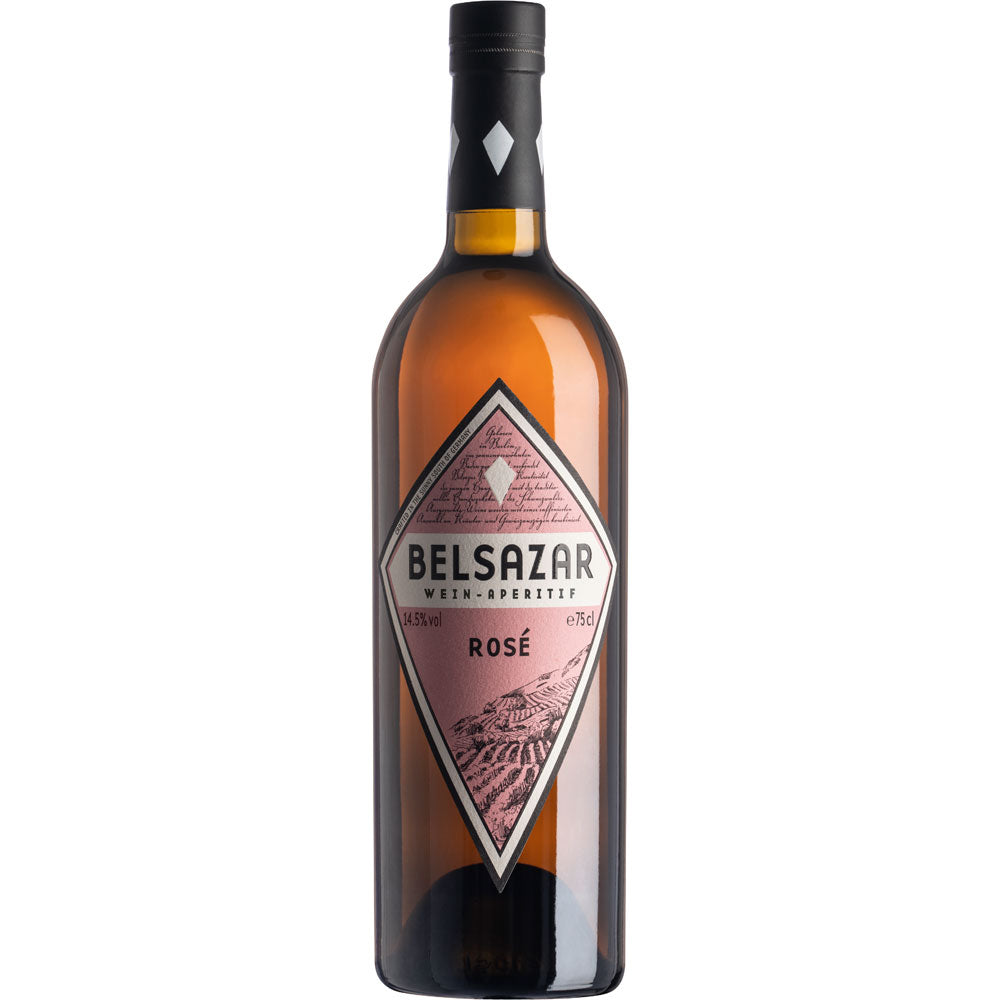 Eine 0,75-Liter-Flasche Belsazar Vermouth Wein-Aperitif Rosé (14,5%) mit einem rosa Rautenetikett.