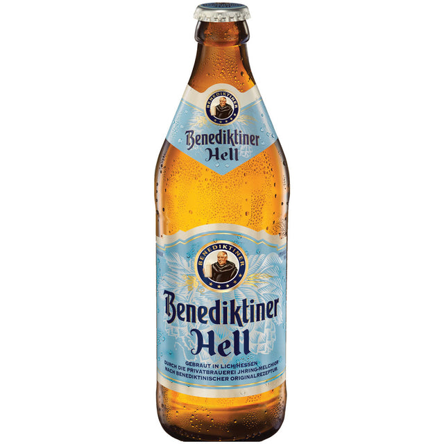 Eine Flasche Benediktiner Weissbräu Benediktiner Hell 20x 0,5 Liter (MEHRWEG) mit blauem Etikett und glitzernden Wassertropfen auf dem Glas.