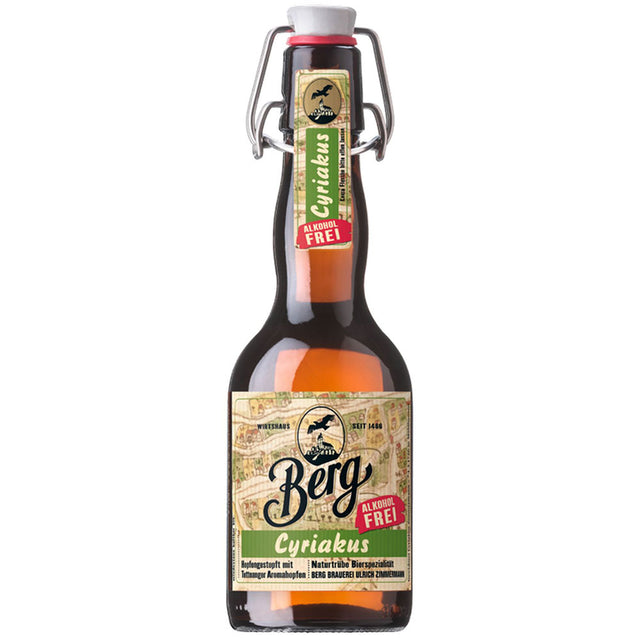 Eine 0,33-Liter-Flasche Berg Cyriakus Alkoholfrei naturtrüb (MEHRWEG) von Berg, mit Flip-Top-Verschluss und detailliertem Etikett, erhältlich im 20er-Pack.