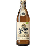 Eine braune Glasflasche Berg Original Hell 20x 0,5 Liter (MEHRWEG) Bier von Berg steht aufrecht und ist mit einem beigen Etikett und Verschluss versehen.