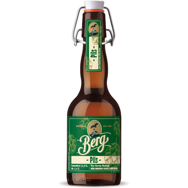 Berg Pils Bügel 20x 0,33 Liter (MEHRWEG) von Berg: Braunglasflaschen mit grünem Etikett, Flip-Top-Verschluss und dem Logo der Brauerei Berg.