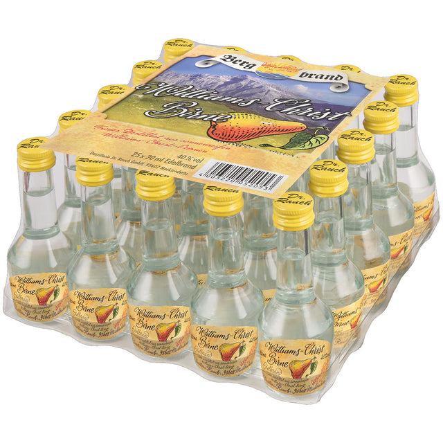 Ein 25er-Pack Rauch Spirituosen Bergbrand Williams-Christ-Birne 40%, je 0,02L, in Plastikfolie.