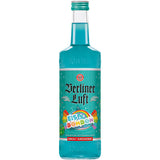 Der Berliner Luft Eisbonbon Likör 18% 0,7 Liter von Berliner Luft ist eine blaue Flasche Premium Pfefferminzlikör mit einem bunten Bonbon-Etikett auf der Vorderseite.