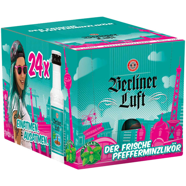 Türkisfarbene Schachtel mit Berliner Luft Pfefferminzlikör 18% (24 x 0,02 l), mit lebendigen Berliner Motiven.