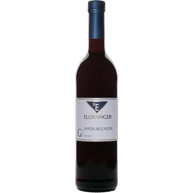 Eine Flasche Bernhard Ellwanger Spätburgunder Gutswein trocken 2023 mit einem weiß-blauen Etikett.