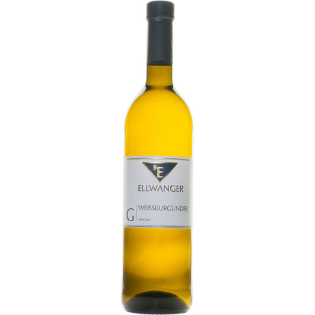 Eine Flasche Bernhard Ellwanger Weißburgunder Gutswein trocken 2023 aus dem Remstal, mit weißem Etikett und schwarzem Verschluss.