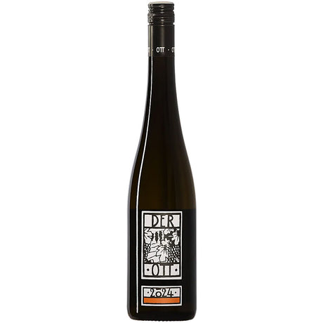 Eine dunkle Weinflasche mit einem weißen Etikett mit abstrakter Kunst und dem Text DER OTT 2023, der die Handwerkskunst von Bernhard Ott in Grüner Veltliner Der Ott BIO darstellt.