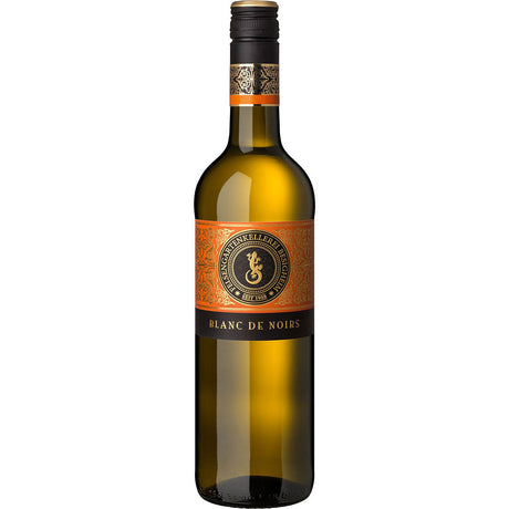 Eine Flasche Felsengartenkellerei Besigheim Junge Cuvéeschmiede Blanc de Noirs 2023 Weißwein aus Deutschland mit einem eleganten orange-goldenen Etikett.