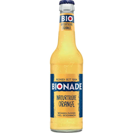 Eine 0,33 l Glasflasche Bionade Naturtrübe Orange BIO Bio-Soda (MEHRWEG) von Bionade mit blauem und orangem Etikett.