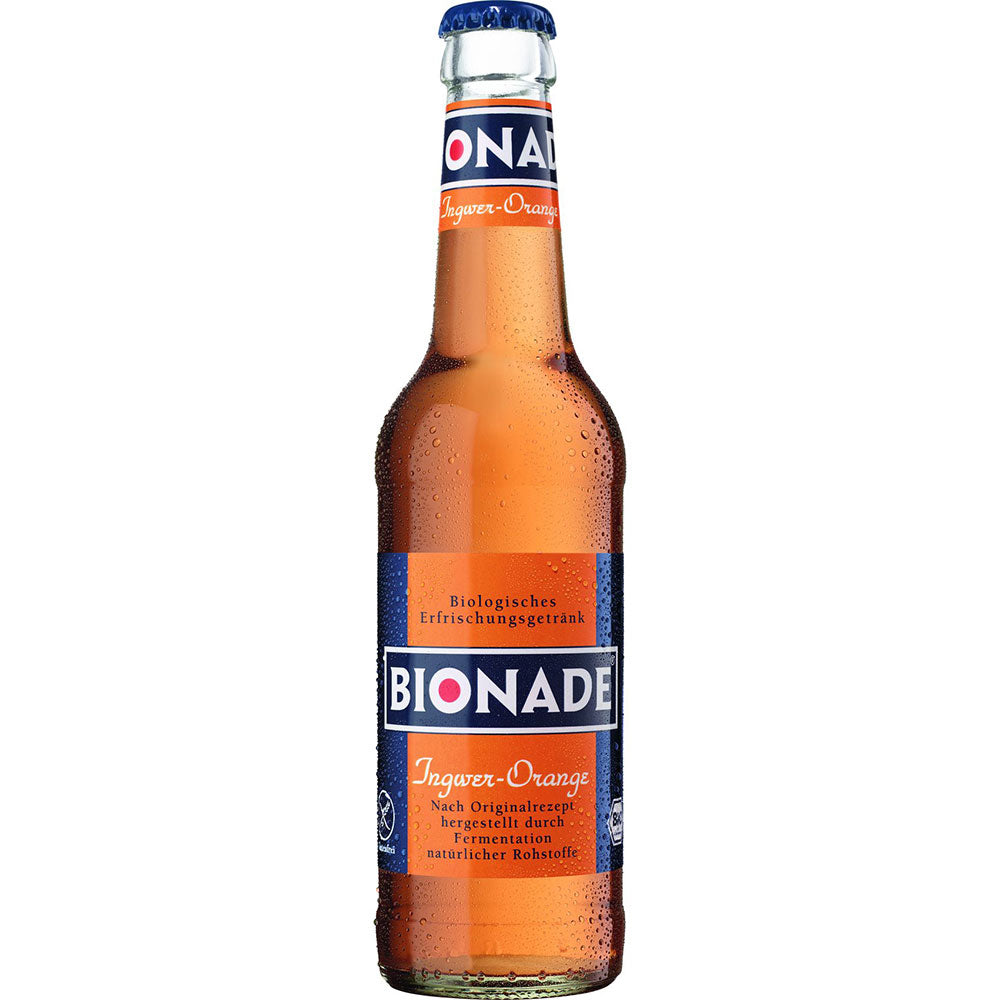 Eine Flasche Bionade Orange & Ingwer Bio 0,33L (MEHRWEG) von Bionade, ein Bio-Erfrischungsgetränk mit Ingwer- und Orangengeschmack mit blauem und orangefarbenem Etikett.