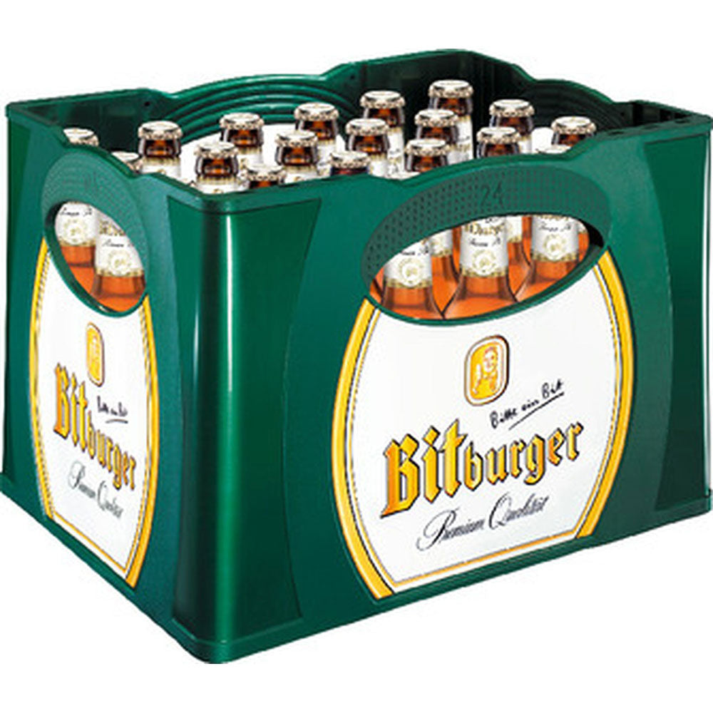 Ein grüner Kasten Bitburger Premium Pils 24x 0,33L (MEHRWEG) Bierflaschen, mit dem kultigen Bitburger Branding auf der Seite und den Flaschen.