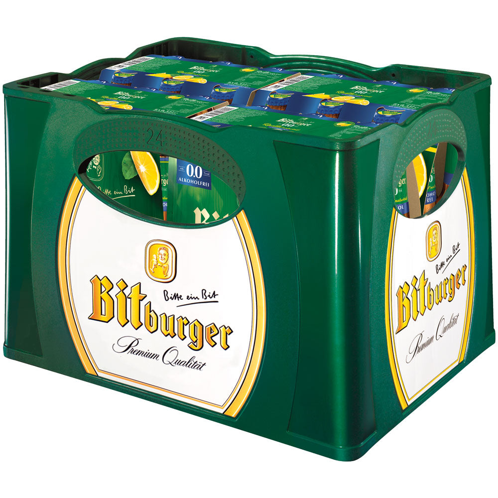 Eine grüne Kiste mit 24 Flaschen (je 0,33L) Bitburger 0,0% Radler Naturtrüb alkoholfrei-erfrischendes, alkoholfreies Radler von Bitburger.