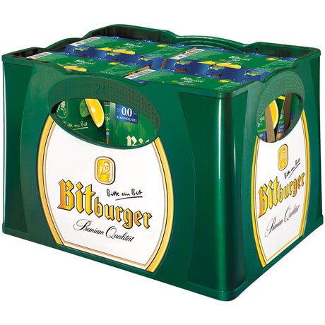Eine grüne Kiste mit 24 Flaschen (je 0,33L) Bitburger 0,0% Radler Naturtrüb alkoholfrei-erfrischendes, alkoholfreies Radler von Bitburger.