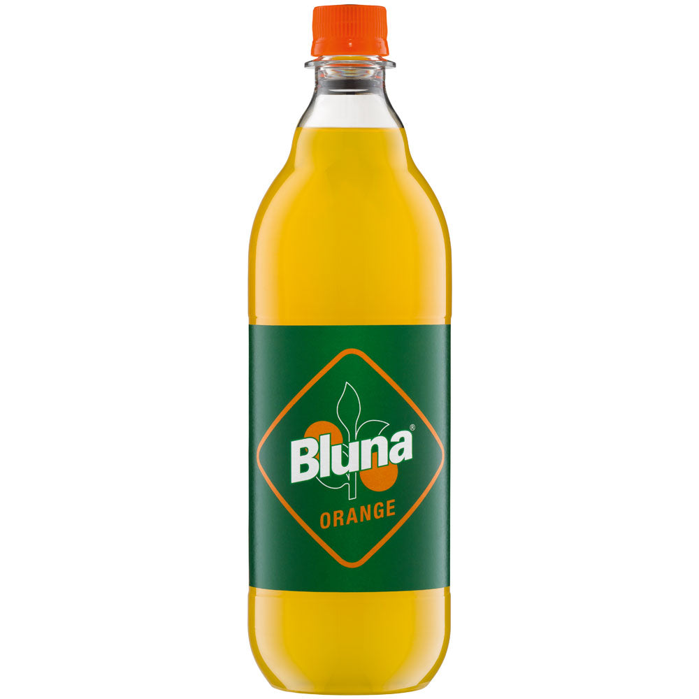 Bluna Orange PET 12x1L (MEHRWEG) von Bluna: Erfrischender Durstlöscher mit natürlichem Orangengeschmack, mit grünem Etikett und orangem Verschluss.