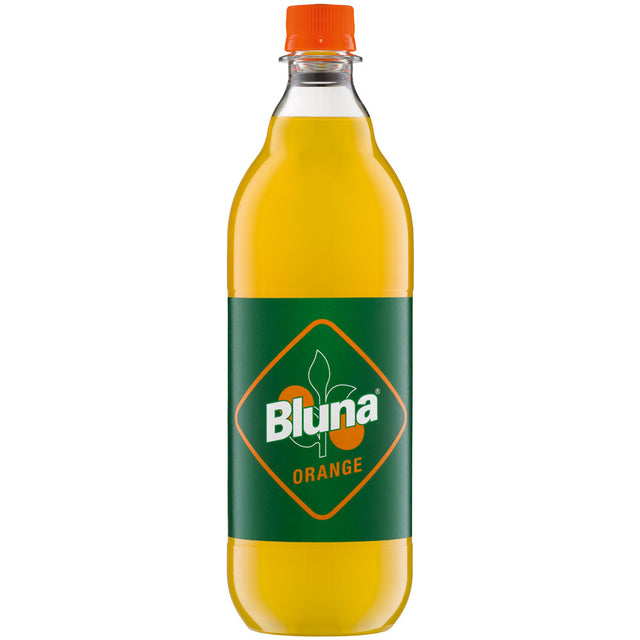 Bluna Orange PET 12x1L (MEHRWEG) von Bluna: Erfrischender Durstlöscher mit natürlichem Orangengeschmack, mit grünem Etikett und orangem Verschluss.