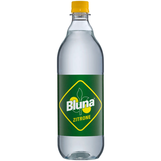Eine klare PET-Flasche Bluna Zitrone Zitronenlimonade (12x1L MEHRWEG) aus Deutschland mit grünem Etikett und gelbem Verschluss.