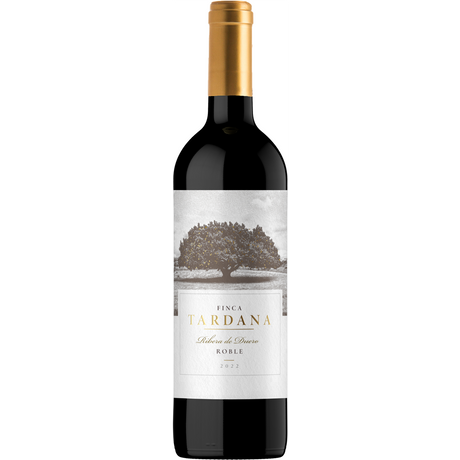 Eine Flasche Bodegas Alconde Finca Tardana Roble Ribera del Duero 2023 Rotwein mit einer Baumillustration auf dem Etikett.