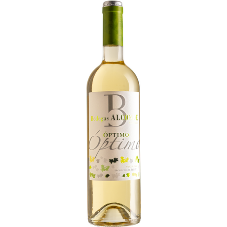 Eine Flasche Bodegas Alconde Óptimo Blanco 2024, eine spanische Weißweinmischung von Bodegas Alconde aus Sauvignon Blanc- und Chardonnay-Trauben mit einem hellgelben Etikett mit elegantem Weinblattmuster.