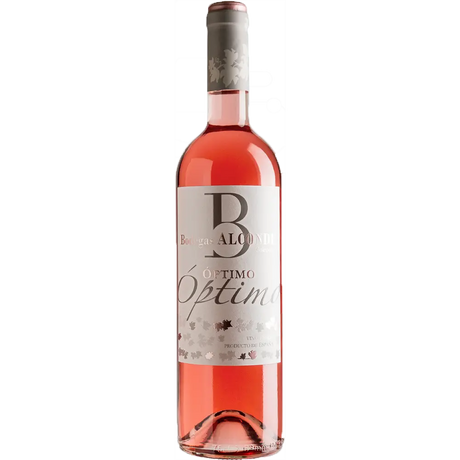 Eine Flasche Bodegas Alconde Óptimo Rosado 2024 mit einem weiß-silbernen Etikett ist vor einem hellen Hintergrund abgebildet.