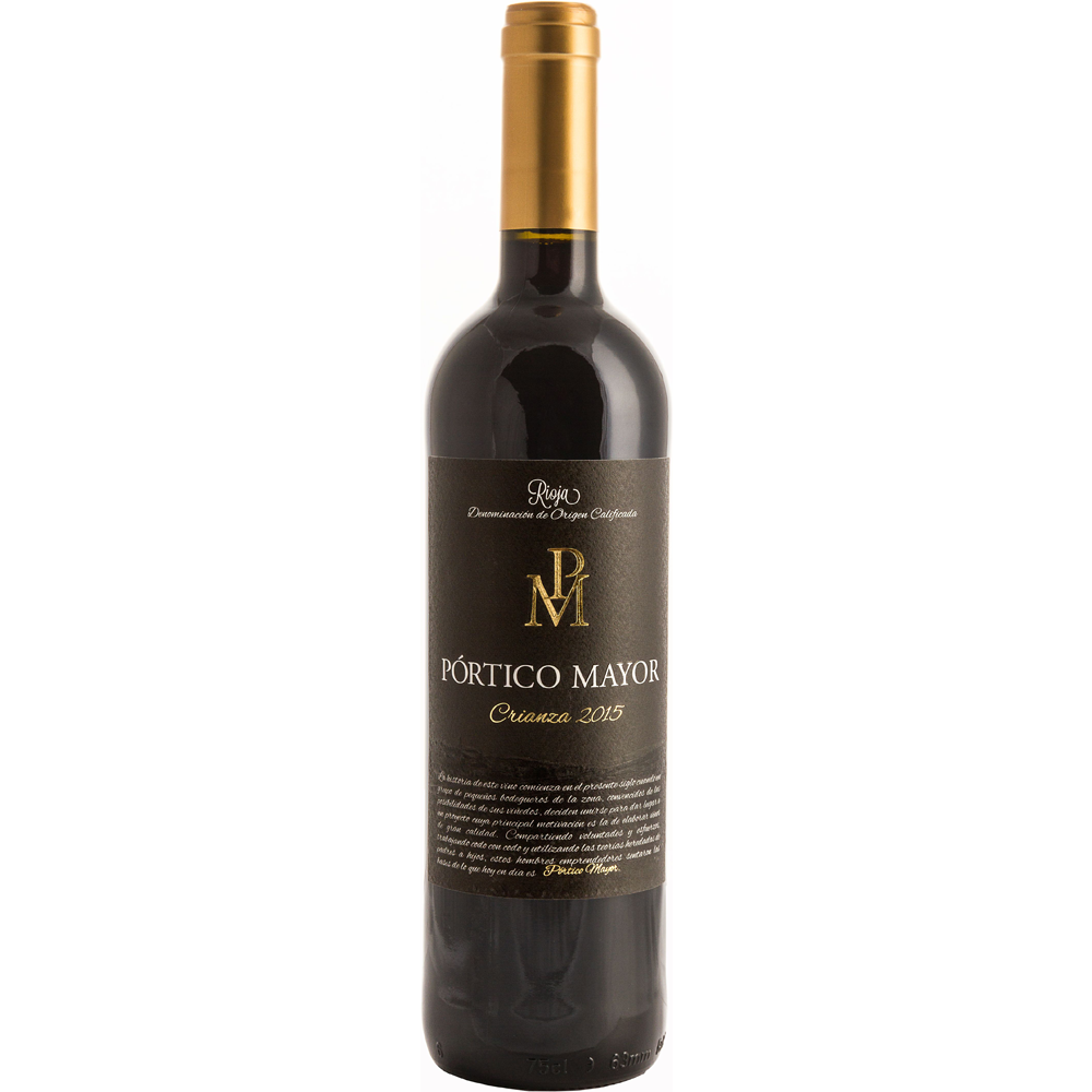 Eine Flasche Bodegas Alconde Portico Mayor Rioja Crianza 2021 Rotwein aus Spanien, hergestellt aus Tempranillo-Trauben, mit einem goldenen Verschluss und schwarzem Etikett.