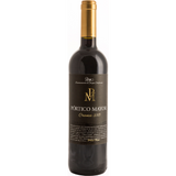 Eine Flasche Bodegas Alconde Portico Mayor Rioja Crianza 2021 Rotwein aus Spanien, hergestellt aus Tempranillo-Trauben, mit einem goldenen Verschluss und schwarzem Etikett.
