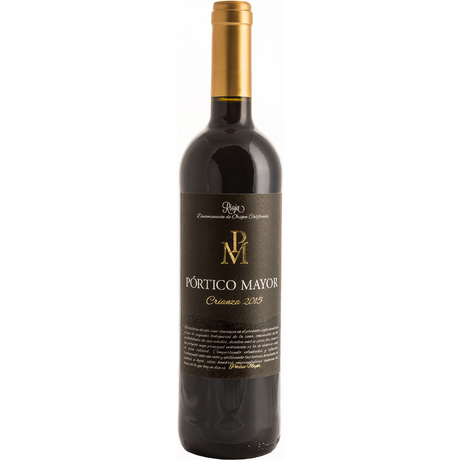 Eine Flasche Bodegas Alconde Portico Mayor Rioja Crianza 2021 Rotwein aus Spanien, hergestellt aus Tempranillo-Trauben, mit einem goldenen Verschluss und schwarzem Etikett.
