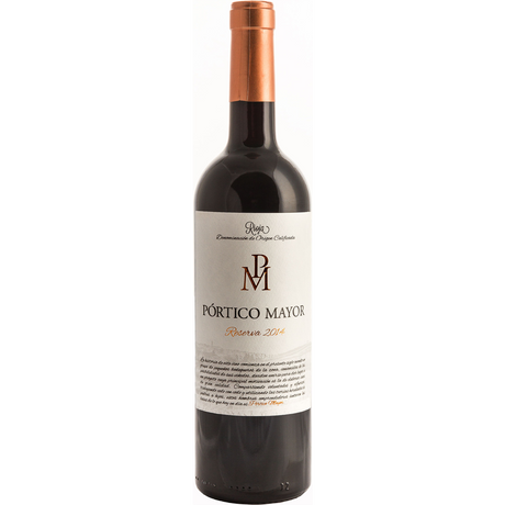 Eine Flasche Bodegas Alconde Portico Mayor Rioja Reserva 2018 mit einer kupferfarbenen Halsfolie, die die raffinierte Eleganz und die klassischen Tempranillo-Noten der Rioja Reserva-Weine zum Ausdruck bringt.