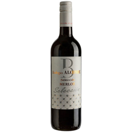 Eine Flasche Bodegas Alconde Seleccion Merlot Vino Tinto de Navarra 2020 von Bodegas Alconde, mit silbernem Etikett und Schraubverschluss.