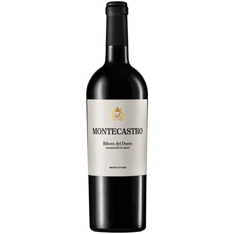 Eine Flasche Rotwein „Montecastro Reserva Ribera del Duero DO 2021“ mit weißem Etikett und goldenem Wappen, der hauptsächlich aus Tinto-Fino-Trauben gekeltert wurde.