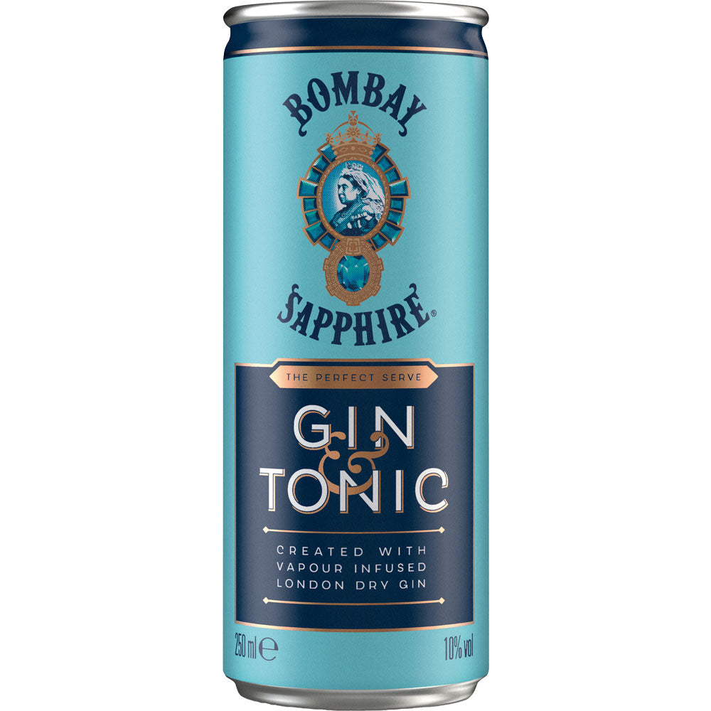 Eine blaue Dose Bombay Sapphire Gin & Tonic Ready to Drink 10% (0,25 l) mit dem Markenlogo auf der Vorderseite, eine Mischung aus erstklassigem London Dry Gin und Tonic für ein erfrischendes Getränk überall.