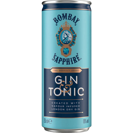 Eine blaue Dose Bombay Sapphire Gin & Tonic Ready to Drink 10% (0,25 l) mit dem Markenlogo auf der Vorderseite, eine Mischung aus erstklassigem London Dry Gin und Tonic für ein erfrischendes Getränk überall.