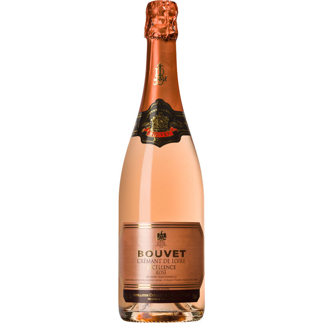Eine Flasche Bouvet Ladubay Cremant de Loire Rosé Excellence 0,75 mit rosa Etikett und Folie.