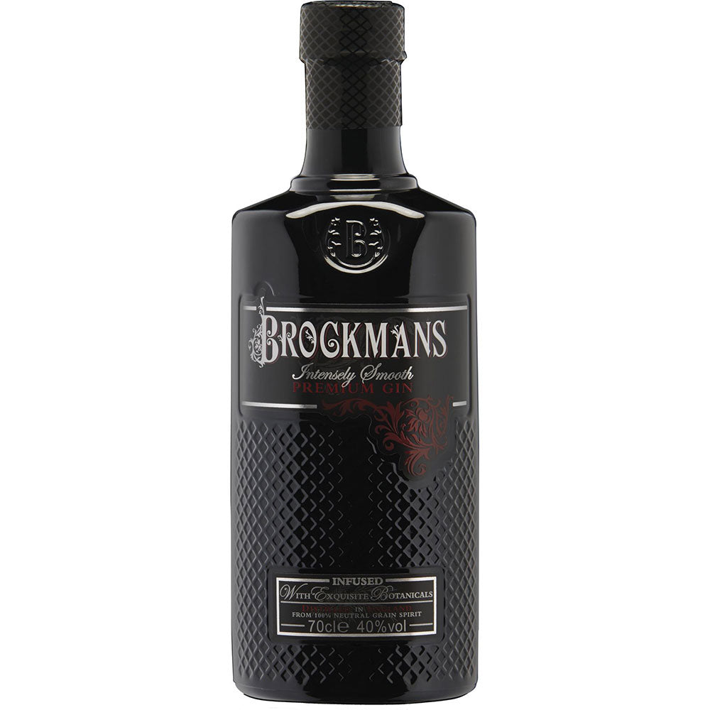 Eine schwarze Flasche Brockmans Gin Intensely Smooth 40% (0,7L) mit strukturiertem Glas und einem silber-roten Etikett, bekannt für seine Beerennoten.
