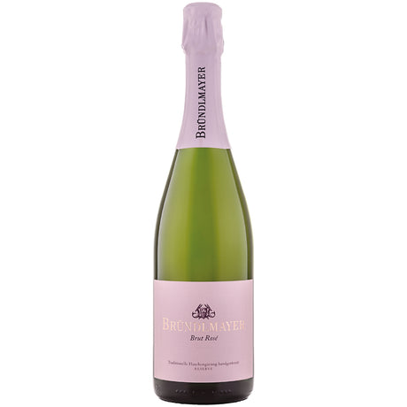 Eine Flasche Bründlmayer Brut Rosé Reserve (0,75 Liter) Sekt von Bründlmayer mit rosa Etikett und Folie, abgebildet auf weißem Hintergrund.
