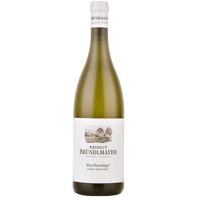 Zu sehen ist eine Flasche Bründlmayer Gelber Muskateller Ried Rosenhügel Kamptal DAC 2021 Weißwein, die ein weißes Etikett mit einer Abbildung eines Weinbergs trägt und aufrecht steht.