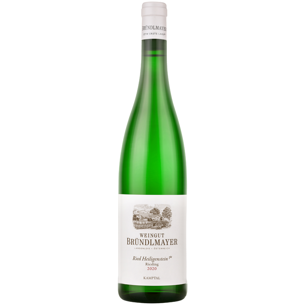 Auf weißem Hintergrund steht eine grüne Weinflasche mit der Aufschrift „Bründlmayer Riesling Zöbinger Heiligenstein 1ÖTW Erste Lage DAC 2020“, die für die renommierte Marke Bründlmayer aus dem Kamptal steht.