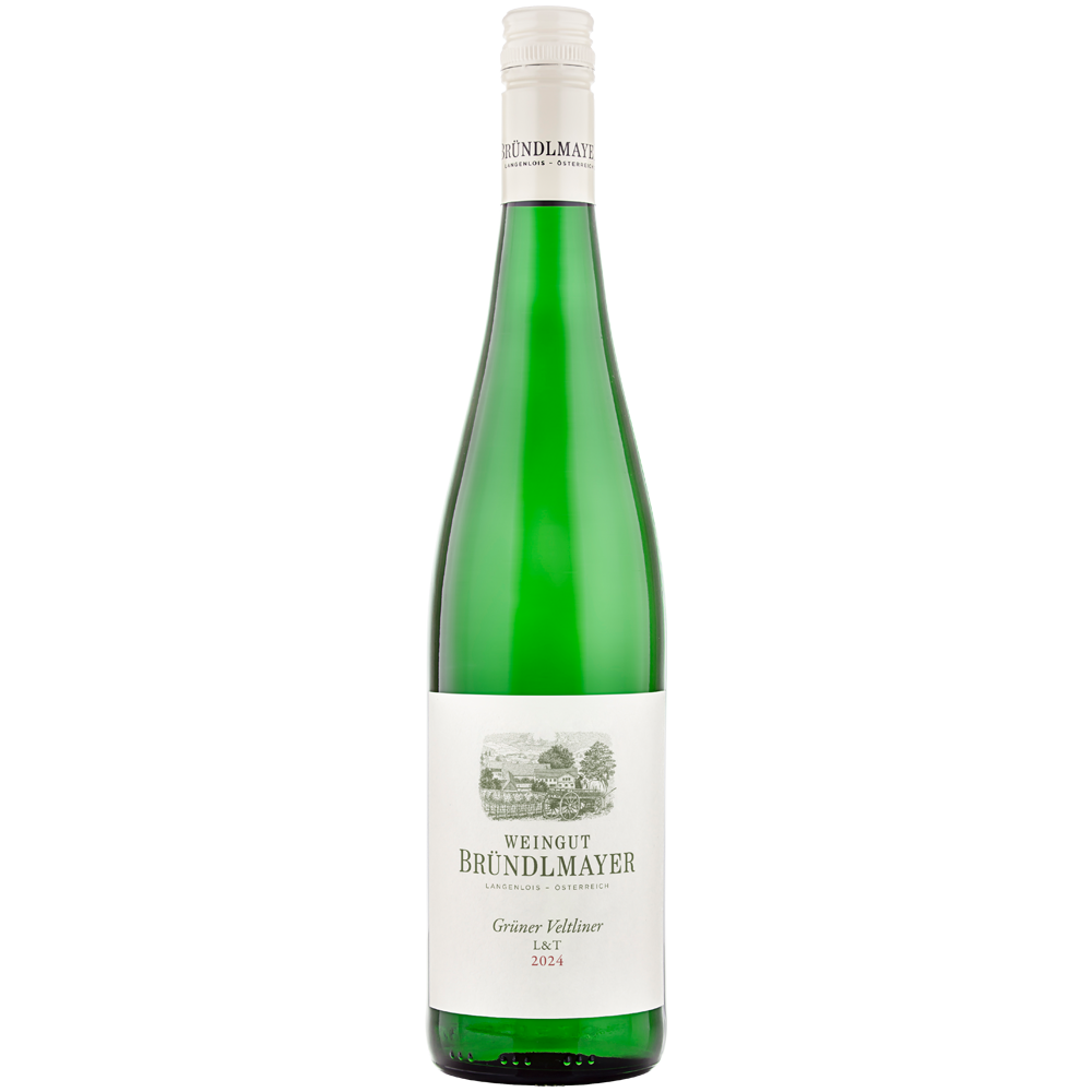 Eine grüne Flasche „Bründlmayer Grüner Veltliner L&T DAC 2025“ aus dem Kamptal mit weißem Etikett und Schraubverschluss.